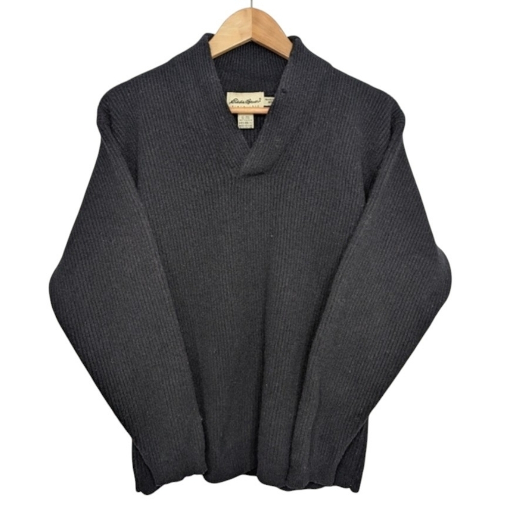 Eddie Bauer Men's Md Black 100% Wool Heavyweight Ribbed Knit Sweater Collared